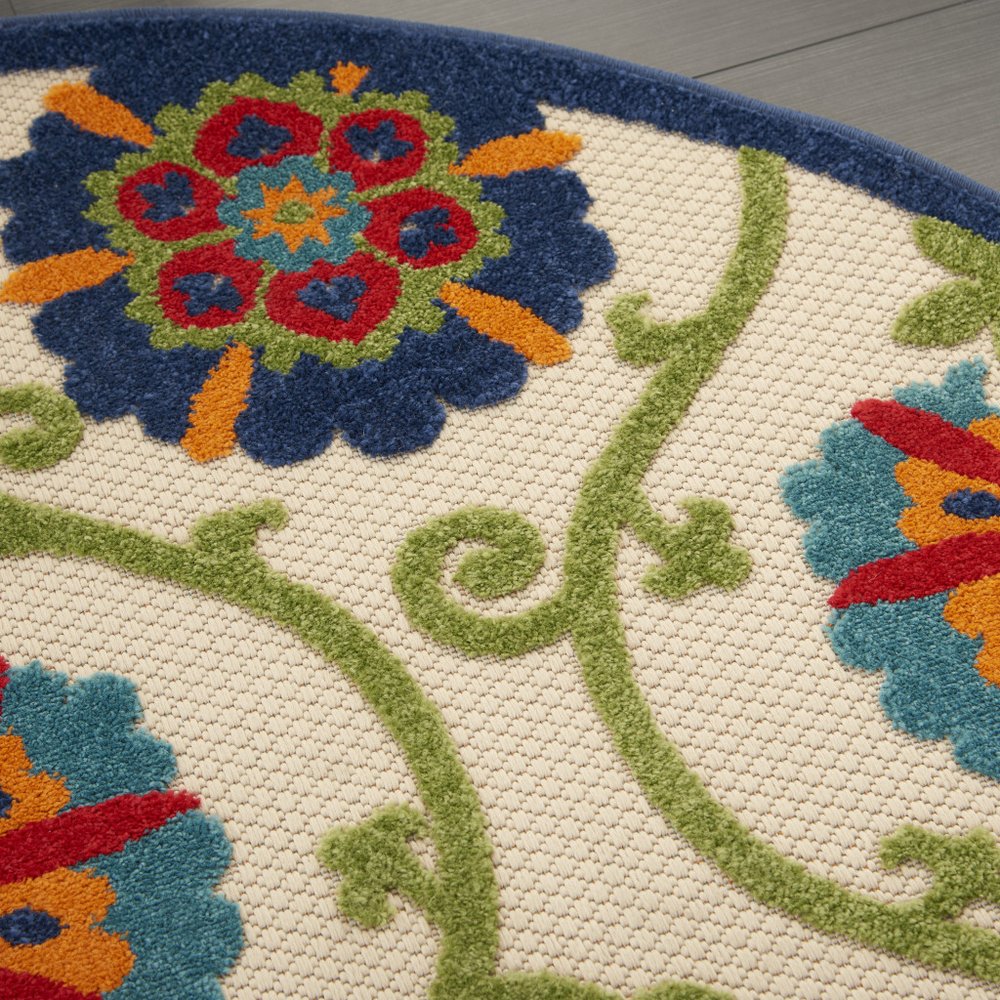 4' Navy Blue Beige Green Blue And Red Round Floral Indoor Outdoor Area Rug HomeRoots