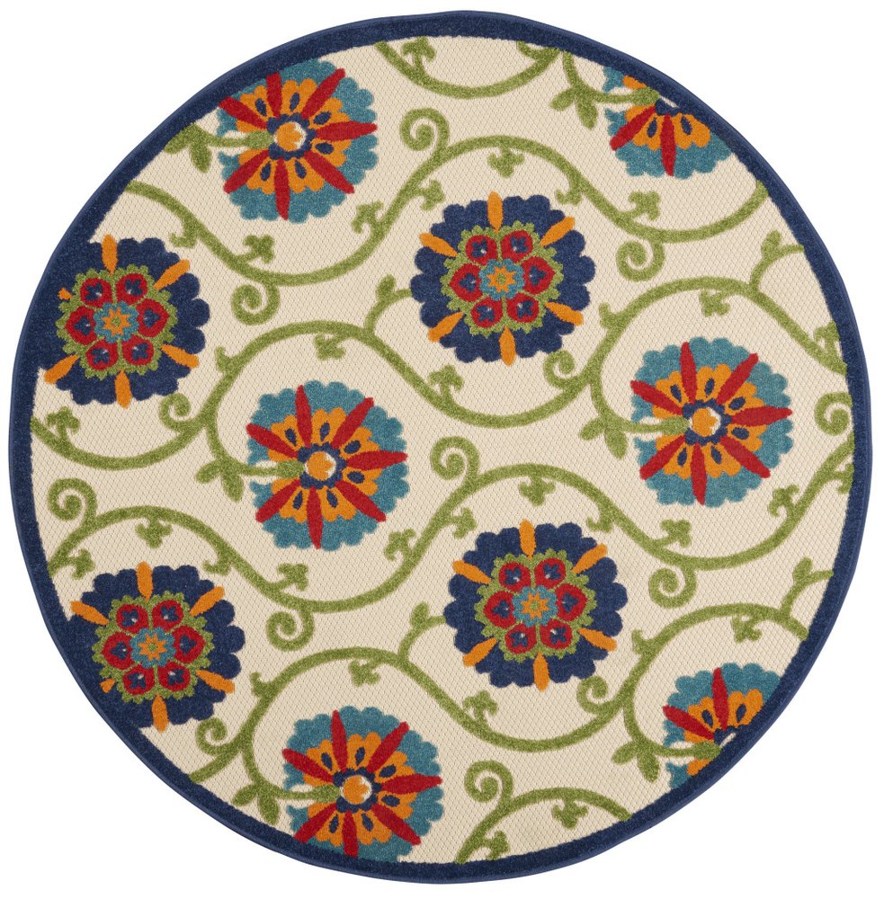 4' Navy Blue Beige Green Blue And Red Round Floral Indoor Outdoor Area Rug — view 8