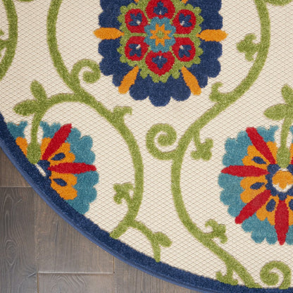 4' Navy Blue Beige Green Blue And Red Round Floral Indoor Outdoor Area Rug HomeRoots