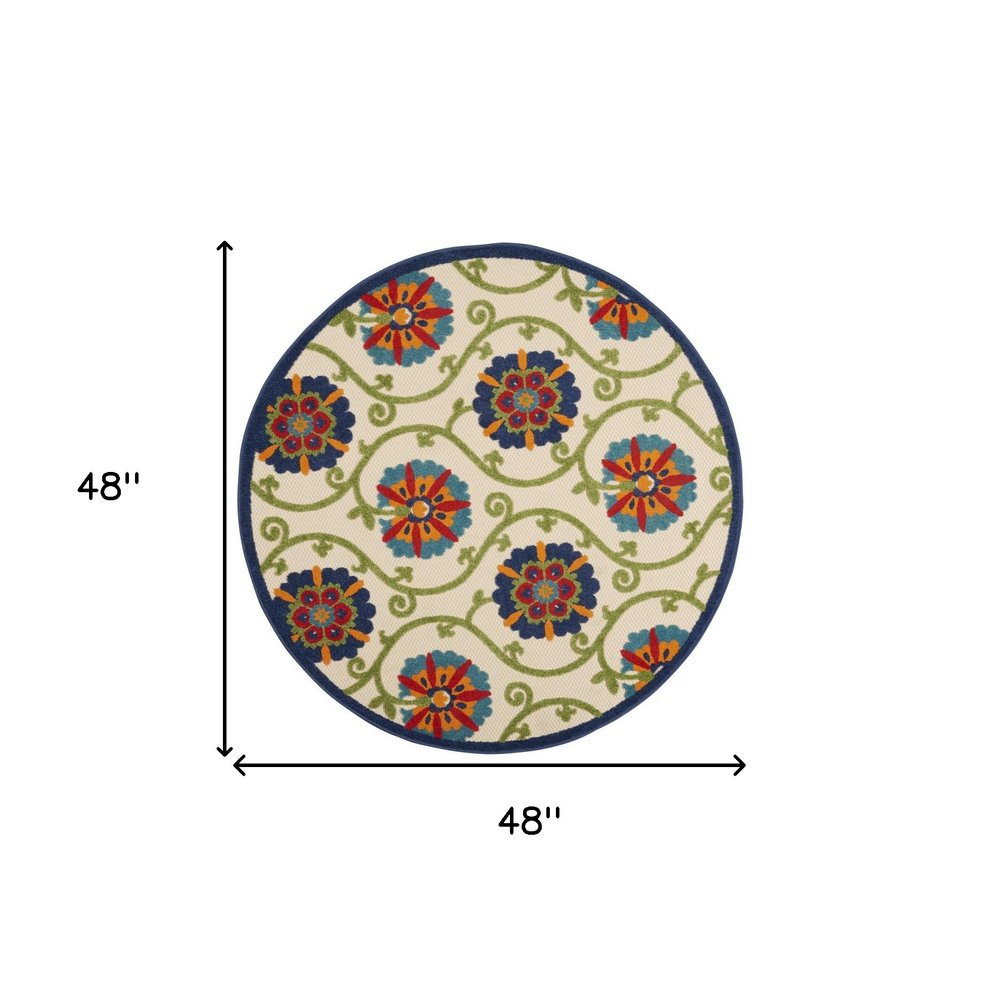 4' Navy Blue Beige Green Blue And Red Round Floral Indoor Outdoor Area Rug HomeRoots