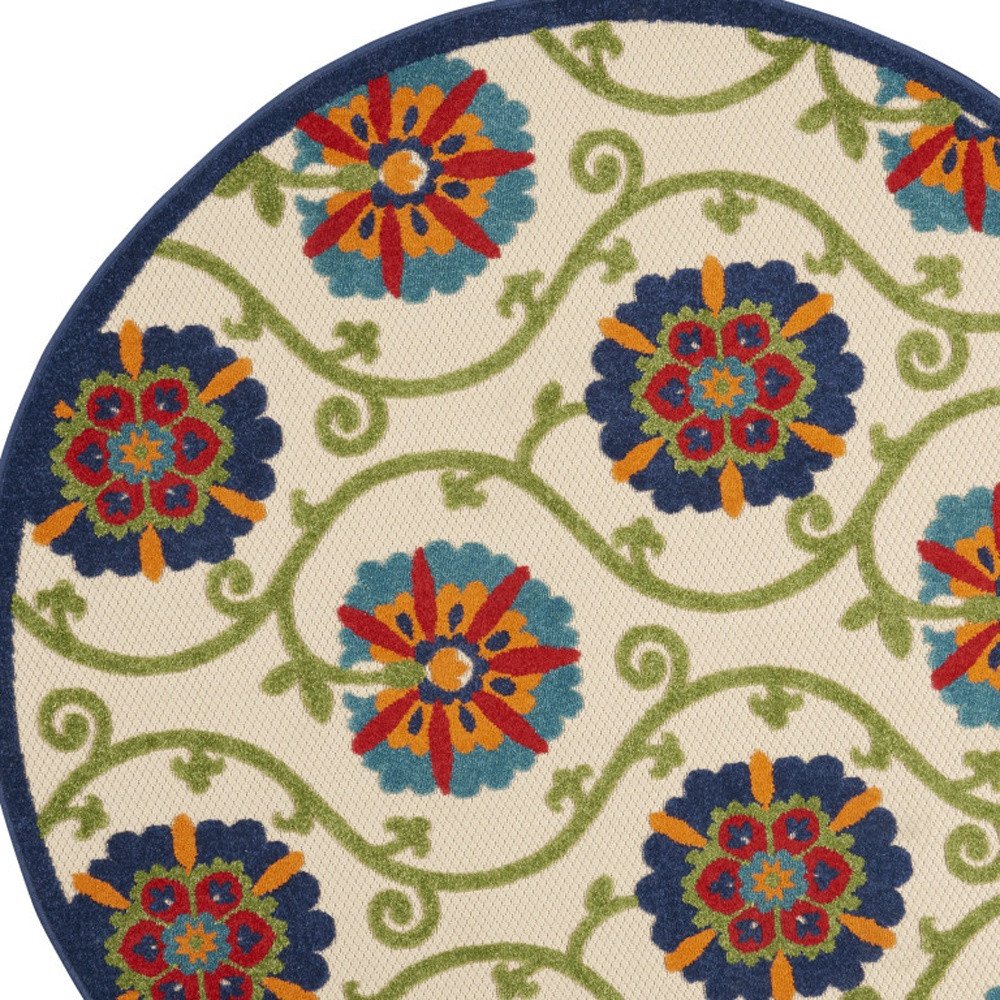 4' Navy Blue Beige Green Blue And Red Round Floral Indoor Outdoor Area Rug — view 2