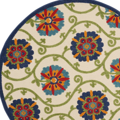 4' Navy Blue Beige Green Blue And Red Round Floral Indoor Outdoor Area Rug HomeRoots