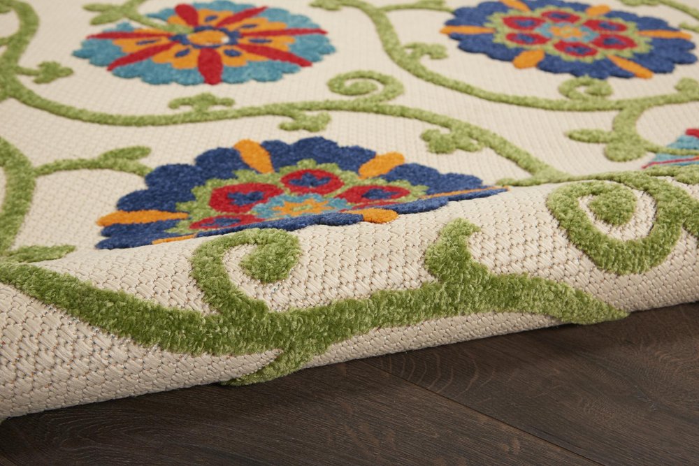 5' Navy Blue Beige Green Blue And Red Round Floral Indoor Outdoor Area Rug — view 12