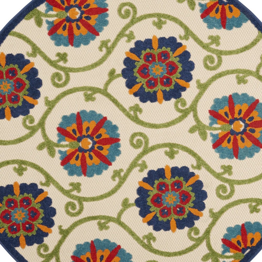 5' Navy Blue Beige Green Blue And Red Round Floral Indoor Outdoor Area Rug HomeRoots