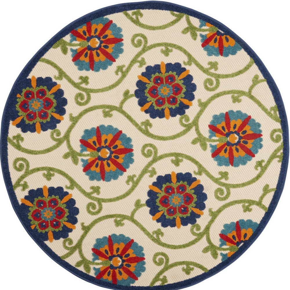 5' Navy Blue Beige Green Blue And Red Round Floral Indoor Outdoor Area Rug — view 5