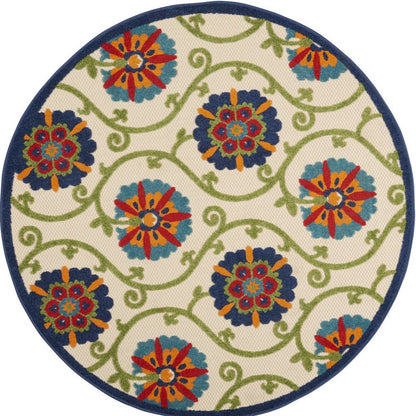 5' Navy Blue Beige Green Blue And Red Round Floral Indoor Outdoor Area Rug HomeRoots