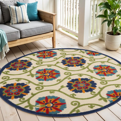 5' Navy Blue Beige Green Blue And Red Round Floral Indoor Outdoor Area Rug HomeRoots