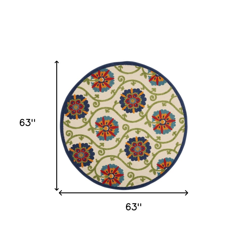 5' Navy Blue Beige Green Blue And Red Round Floral Indoor Outdoor Area Rug — view 1