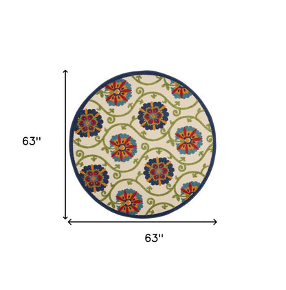 5' Navy Blue Beige Green Blue And Red Round Floral Indoor Outdoor Area Rug HomeRoots