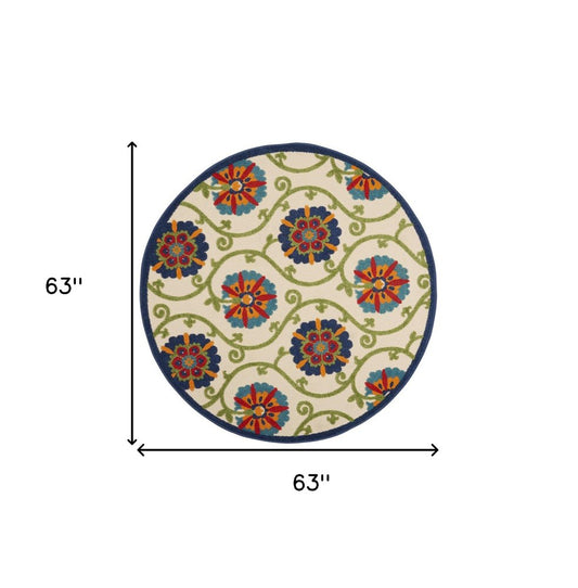 5' Navy Blue Beige Green Blue And Red Round Floral Indoor Outdoor Area Rug