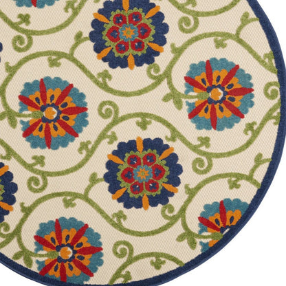5' Navy Blue Beige Green Blue And Red Round Floral Indoor Outdoor Area Rug HomeRoots