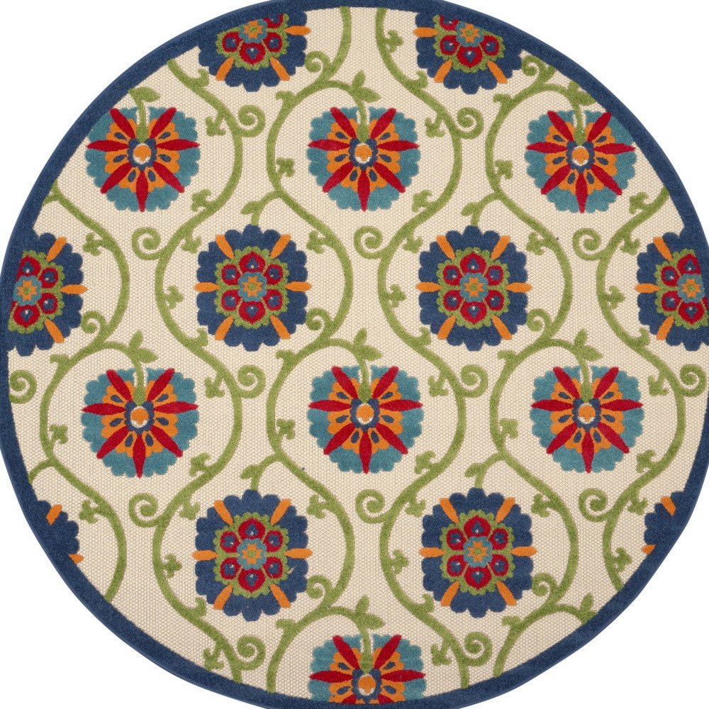 8' Navy Blue Beige Green Blue And Red Round Floral Indoor Outdoor Area Rug HomeRoots