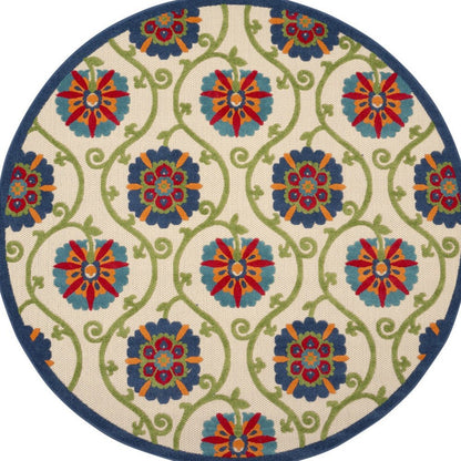 8' Navy Blue Beige Green Blue And Red Round Floral Indoor Outdoor Area Rug HomeRoots