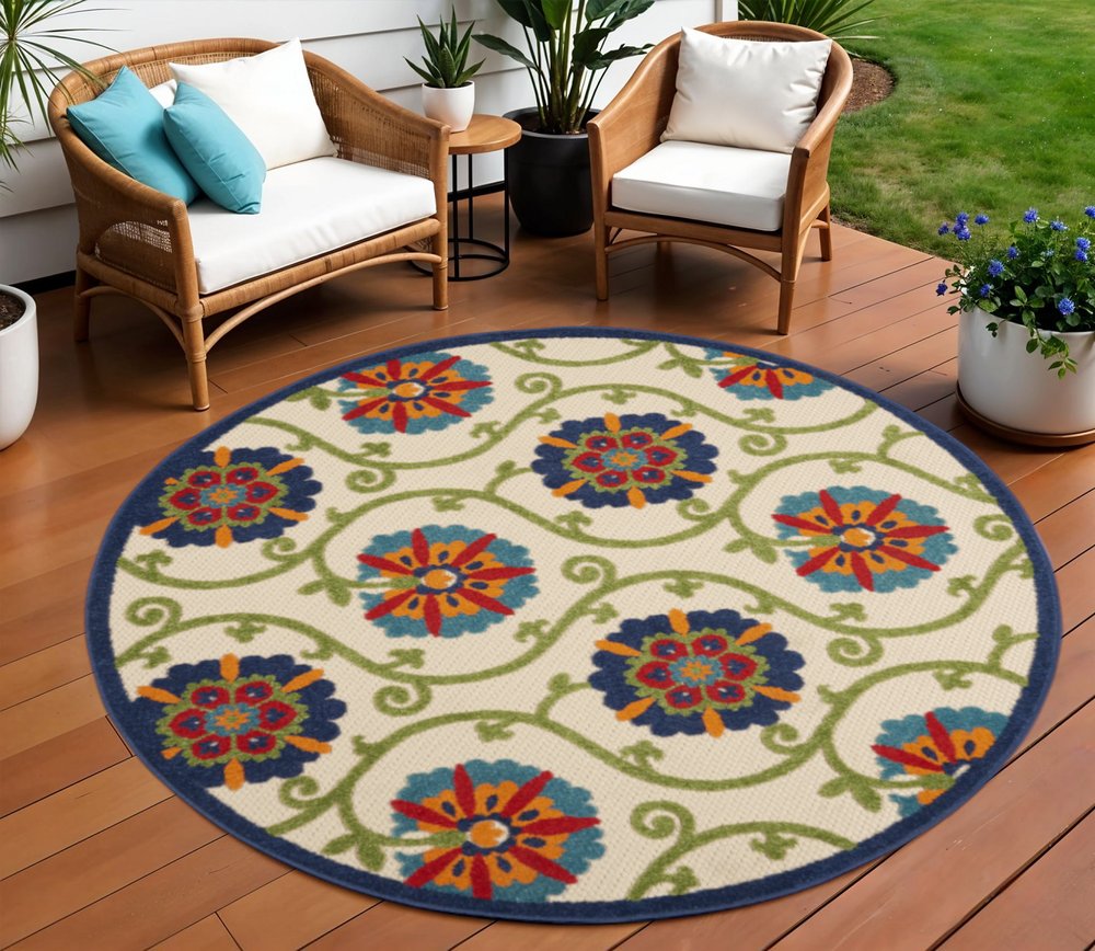 8' Navy Blue Beige Green Blue And Red Round Floral Indoor Outdoor Area Rug — view 6