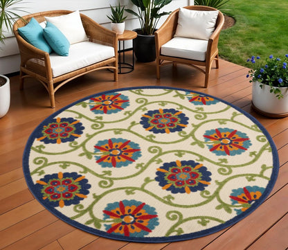 8' Navy Blue Beige Green Blue And Red Round Floral Indoor Outdoor Area Rug HomeRoots