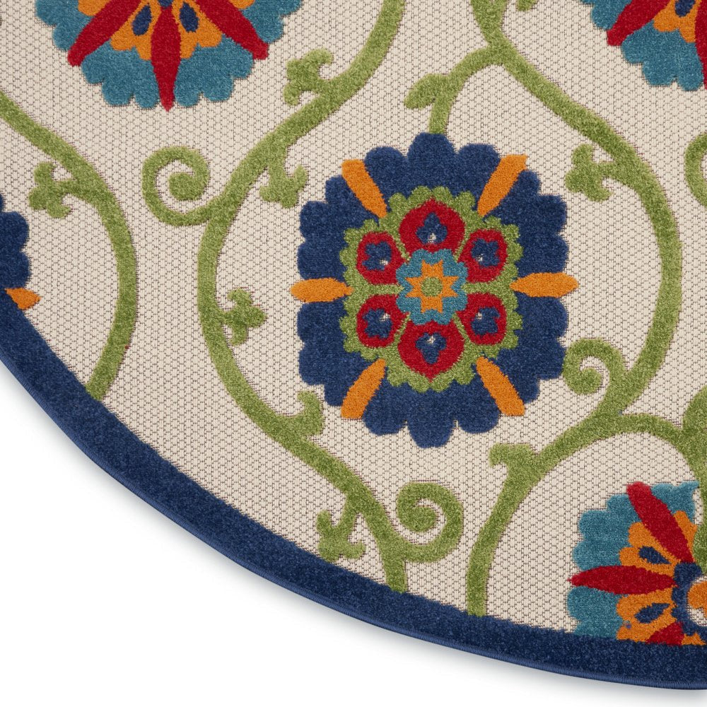 8' Navy Blue Beige Green Blue And Red Round Floral Indoor Outdoor Area Rug — view 13