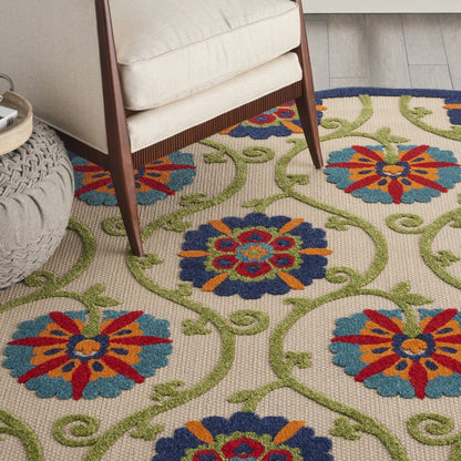 8' Navy Blue Beige Green Blue And Red Round Floral Indoor Outdoor Area Rug HomeRoots