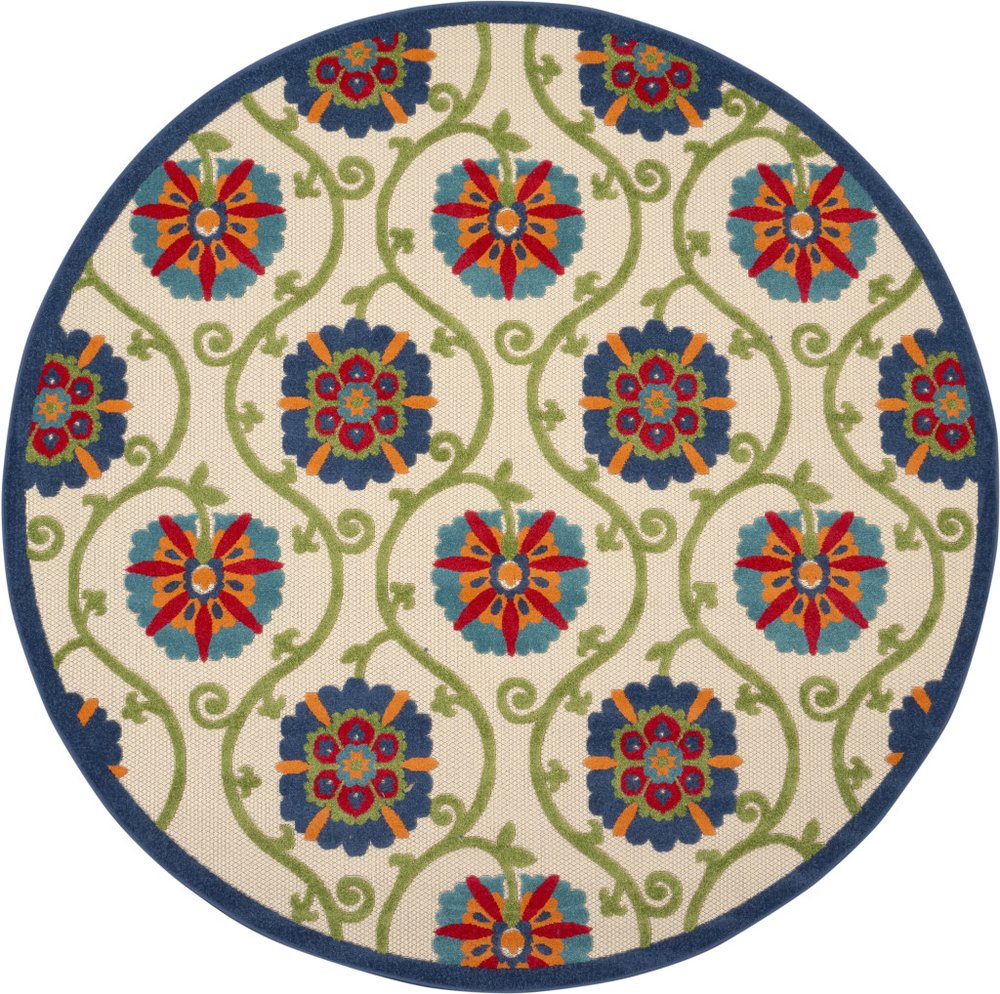 8' Navy Blue Beige Green Blue And Red Round Floral Indoor Outdoor Area Rug — view 8