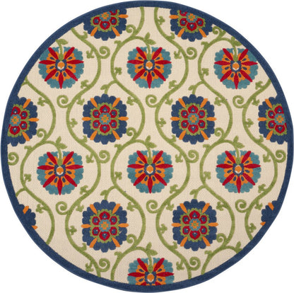 8' Navy Blue Beige Green Blue And Red Round Floral Indoor Outdoor Area Rug HomeRoots