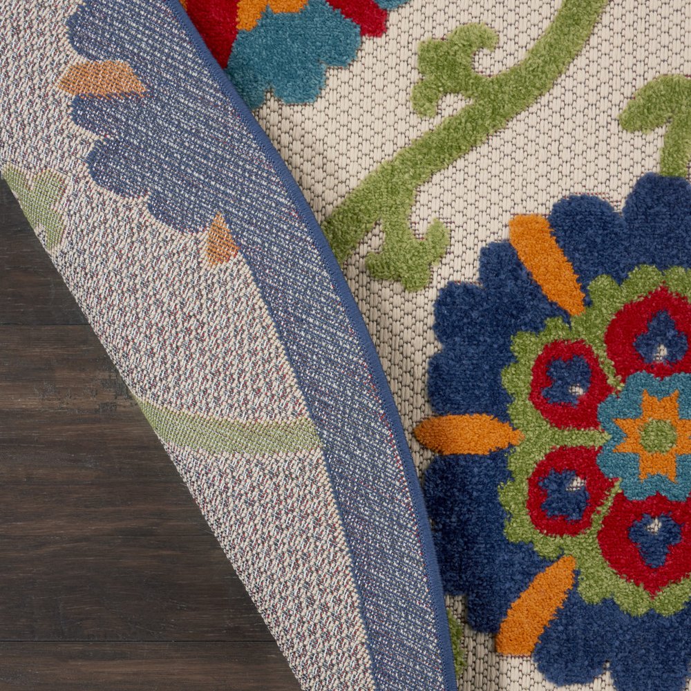 8' Navy Blue Beige Green Blue And Red Round Floral Indoor Outdoor Area Rug HomeRoots