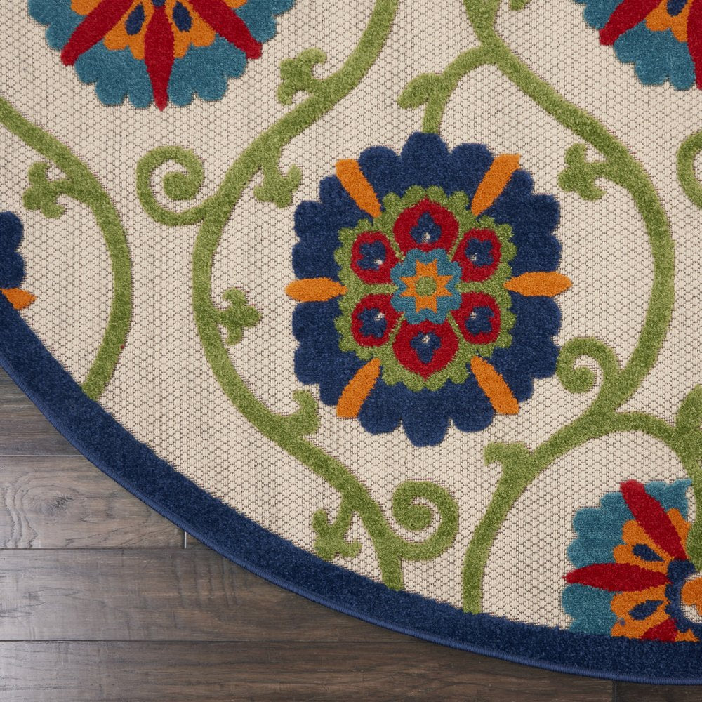 8' Navy Blue Beige Green Blue And Red Round Floral Indoor Outdoor Area Rug HomeRoots