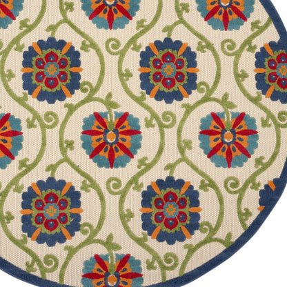 8' Navy Blue Beige Green Blue And Red Round Floral Indoor Outdoor Area Rug HomeRoots