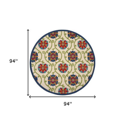 8' Navy Blue Beige Green Blue And Red Round Floral Indoor Outdoor Area Rug HomeRoots