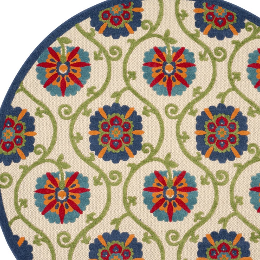 8' Navy Blue Beige Green Blue And Red Round Floral Indoor Outdoor Area Rug — view 2