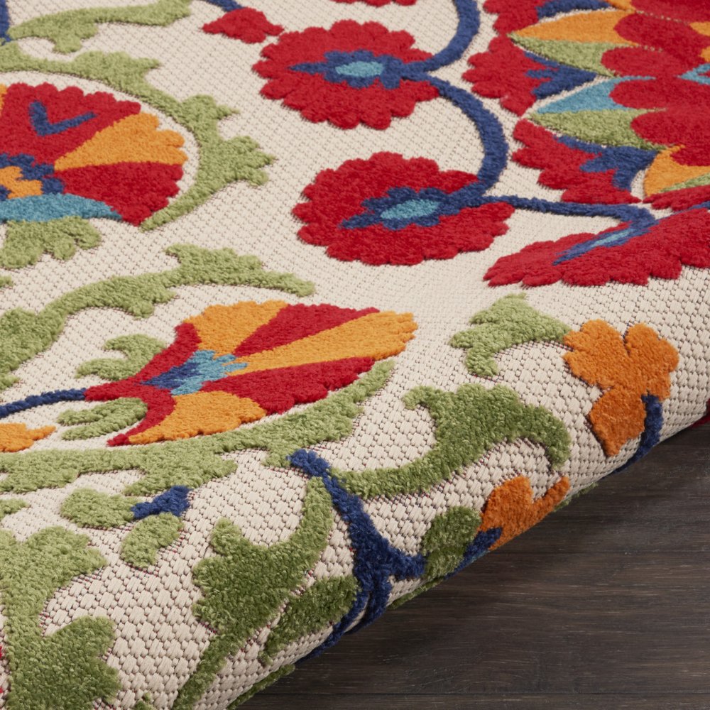 5' Navy Blue Beige Green Blue And Red Round Floral Indoor Outdoor Area Rug HomeRoots