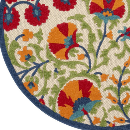 5' Navy Blue Beige Green Blue And Red Round Floral Indoor Outdoor Area Rug HomeRoots