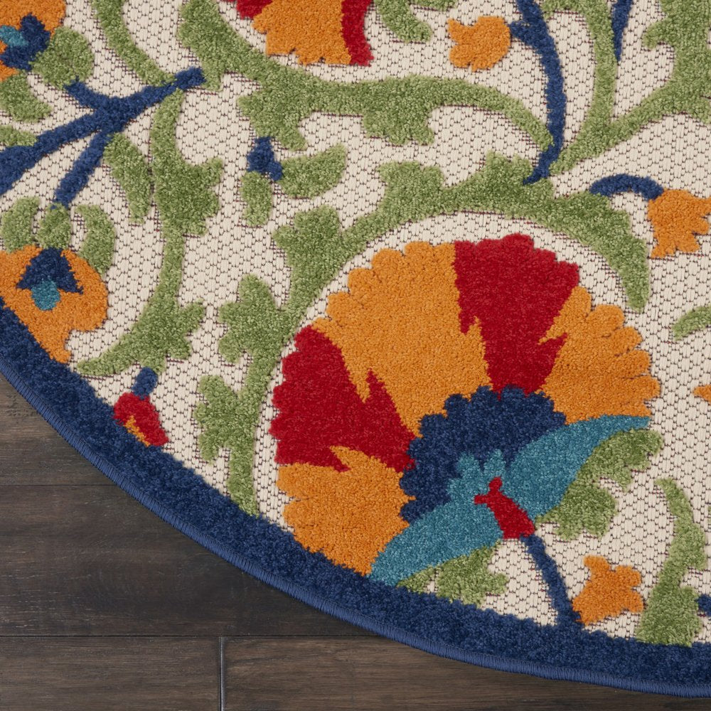 5' Navy Blue Beige Green Blue And Red Round Floral Indoor Outdoor Area Rug HomeRoots