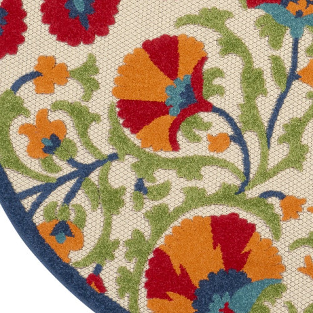 5' Navy Blue Beige Green Blue And Red Round Floral Indoor Outdoor Area Rug HomeRoots