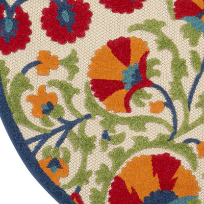 5' Navy Blue Beige Green Blue And Red Round Floral Indoor Outdoor Area Rug HomeRoots