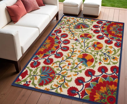 4' X 6' Navy Blue Beige Green Blue And Red Floral Indoor Outdoor Area Rug HomeRoots