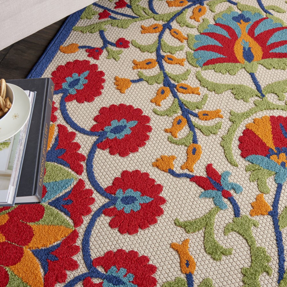 4' X 6' Navy Blue Beige Green Blue And Red Floral Indoor Outdoor Area Rug — view 7
