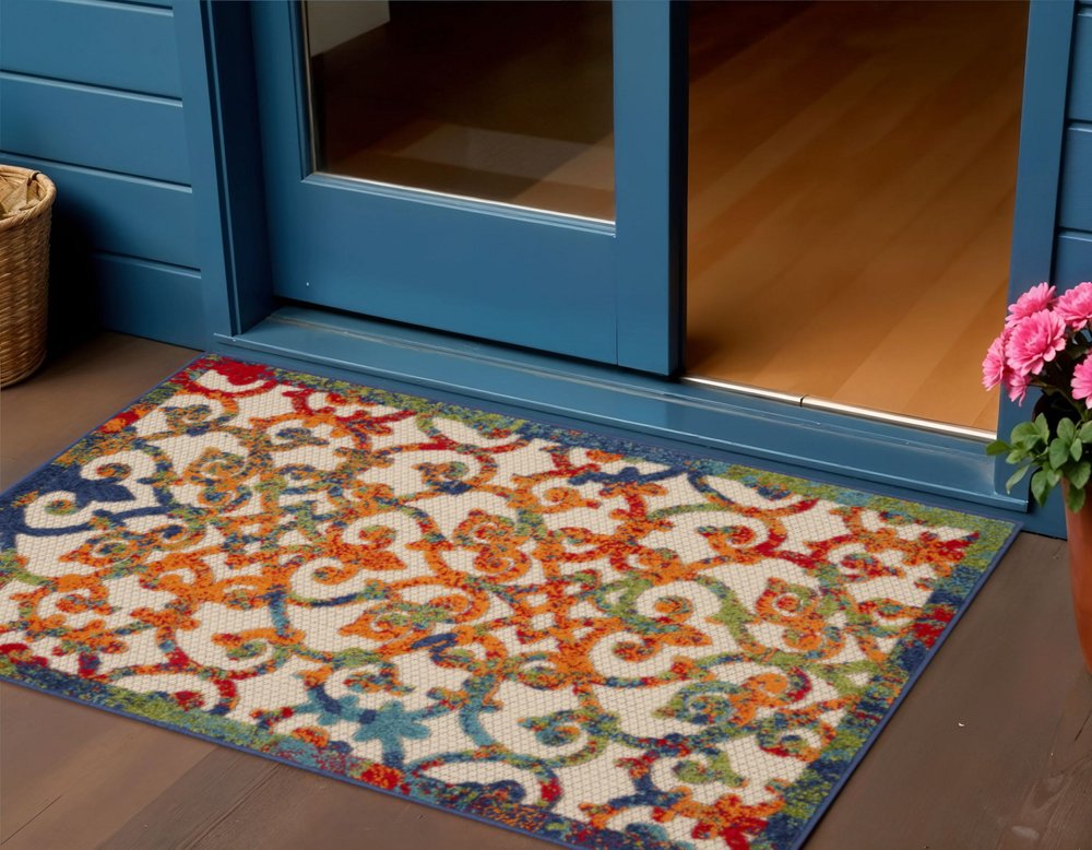 3' X 4' Navy Blue Beige Green Orange And Red Trellis Indoor Outdoor Area Rug — view 6