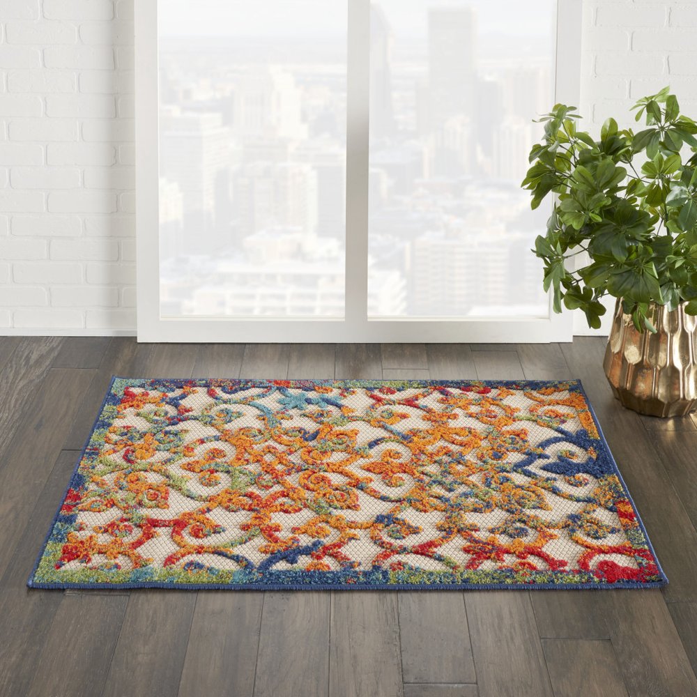 3' X 4' Navy Blue Beige Green Orange And Red Trellis Indoor Outdoor Area Rug — view 7