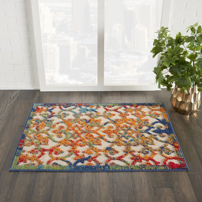 3' X 4' Navy Blue Beige Green Orange And Red Trellis Indoor Outdoor Area Rug HomeRoots