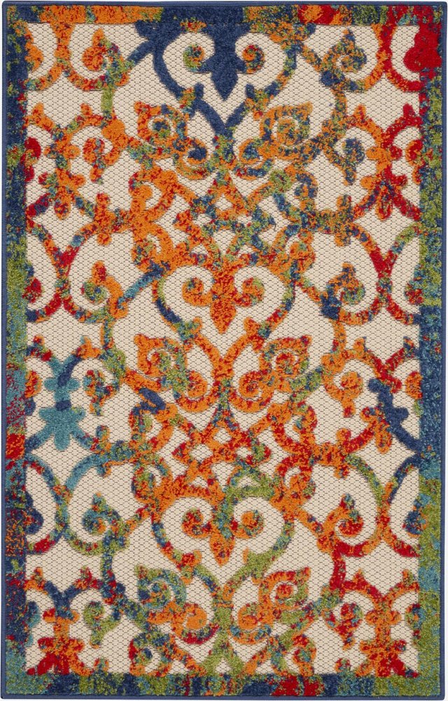 3' X 4' Navy Blue Beige Green Orange And Red Trellis Indoor Outdoor Area Rug HomeRoots