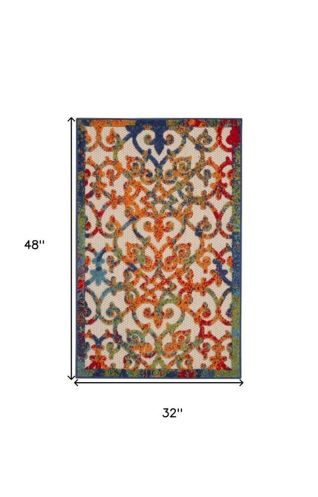 3' X 4' Navy Blue Beige Green Orange And Red Trellis Indoor Outdoor Area Rug — view 1