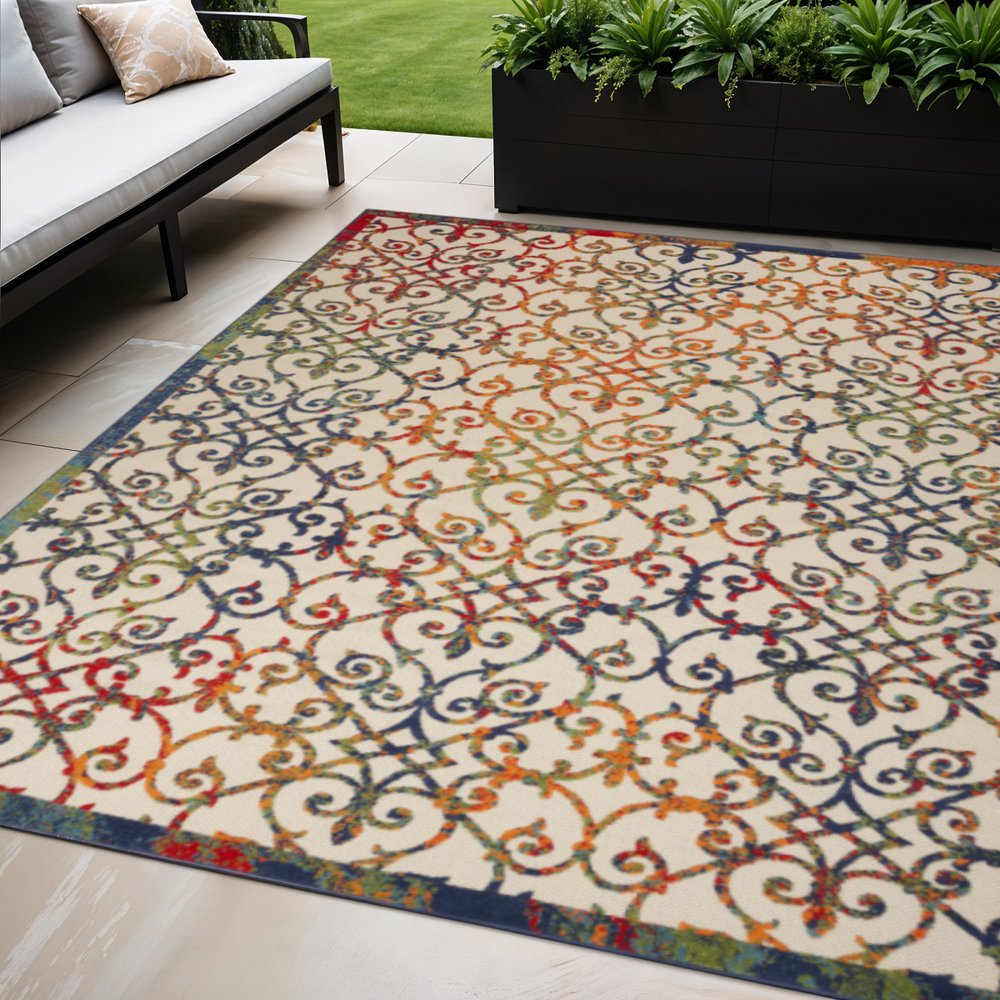 5' X 8' Ivory Blue Orange And Green Trellis Indoor Outdoor Area Rug HomeRoots