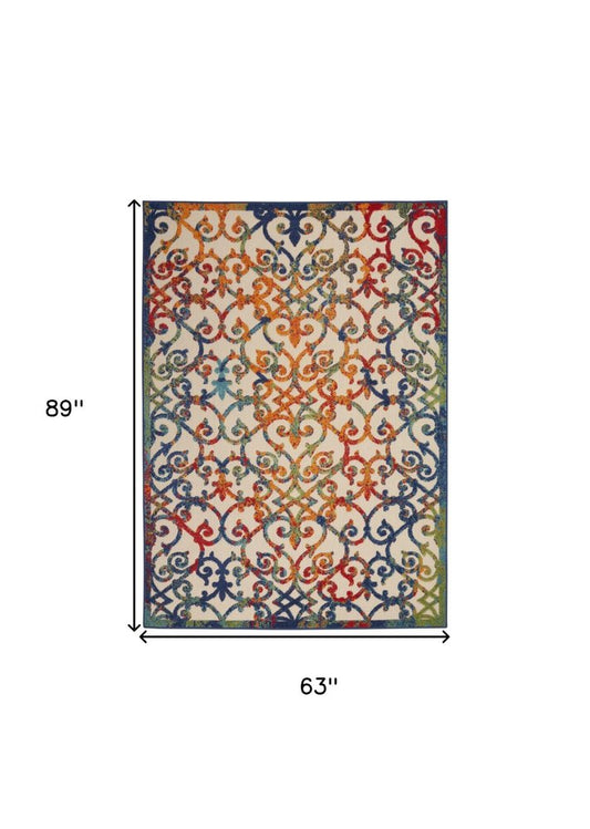 5' X 8' Ivory Blue Orange And Green Trellis Indoor Outdoor Area Rug