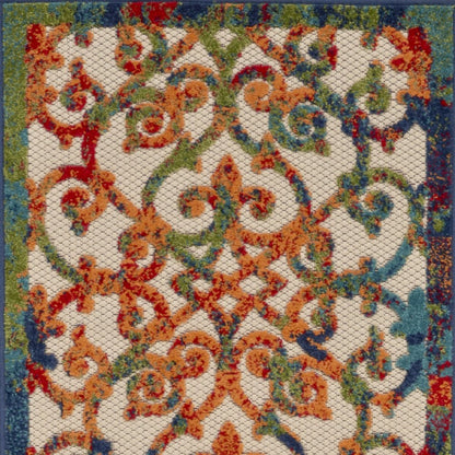 6' Ivory Blue Orange And Green Trellis Indoor Outdoor Runner Rug HomeRoots