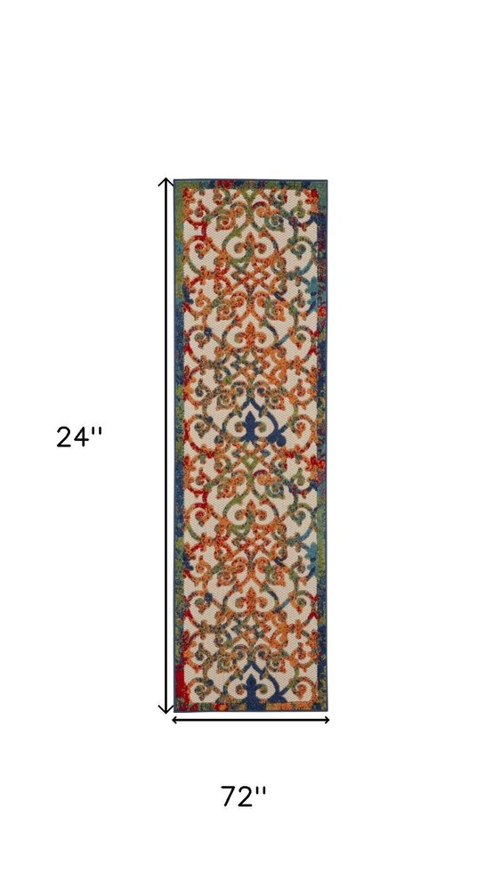 6' Ivory Blue Orange And Green Trellis Indoor Outdoor Runner Rug HomeRoots