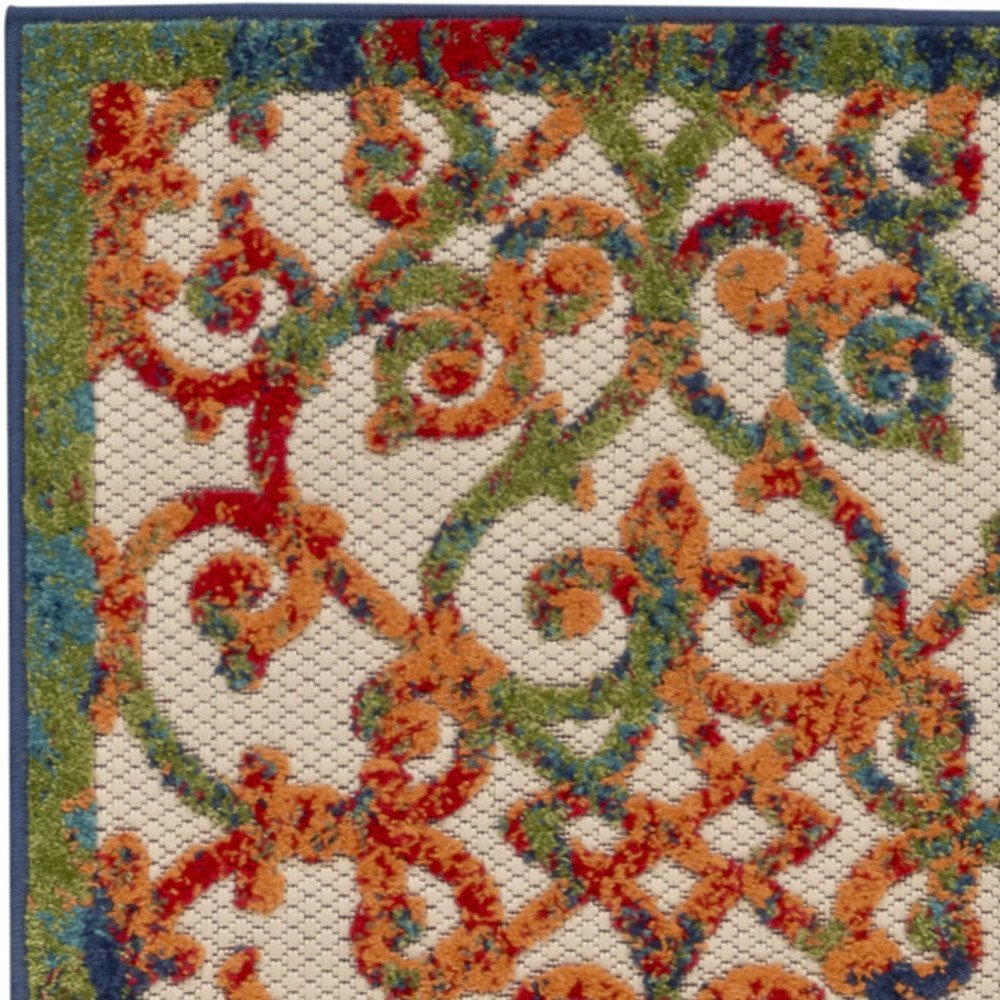 6' Ivory Blue Orange And Green Trellis Indoor Outdoor Runner Rug HomeRoots