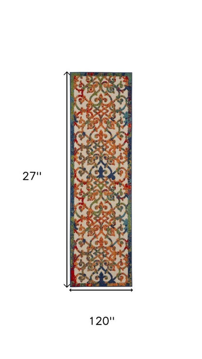 10' Ivory Blue Orange And Green Trellis Indoor Outdoor Runner Rug HomeRoots