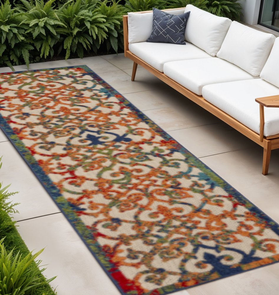 10' Ivory Blue Orange And Green Trellis Indoor Outdoor Runner Rug — view 4