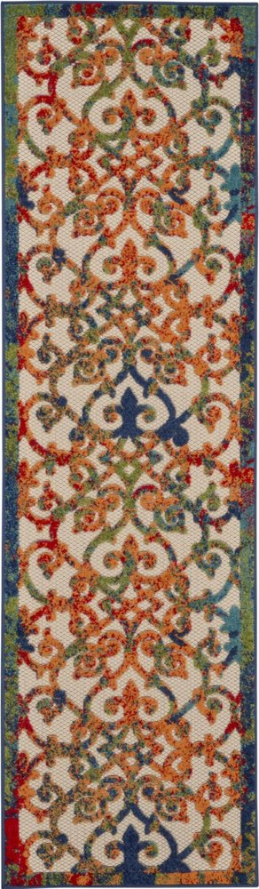 10' Ivory Blue Orange And Green Trellis Indoor Outdoor Runner Rug HomeRoots