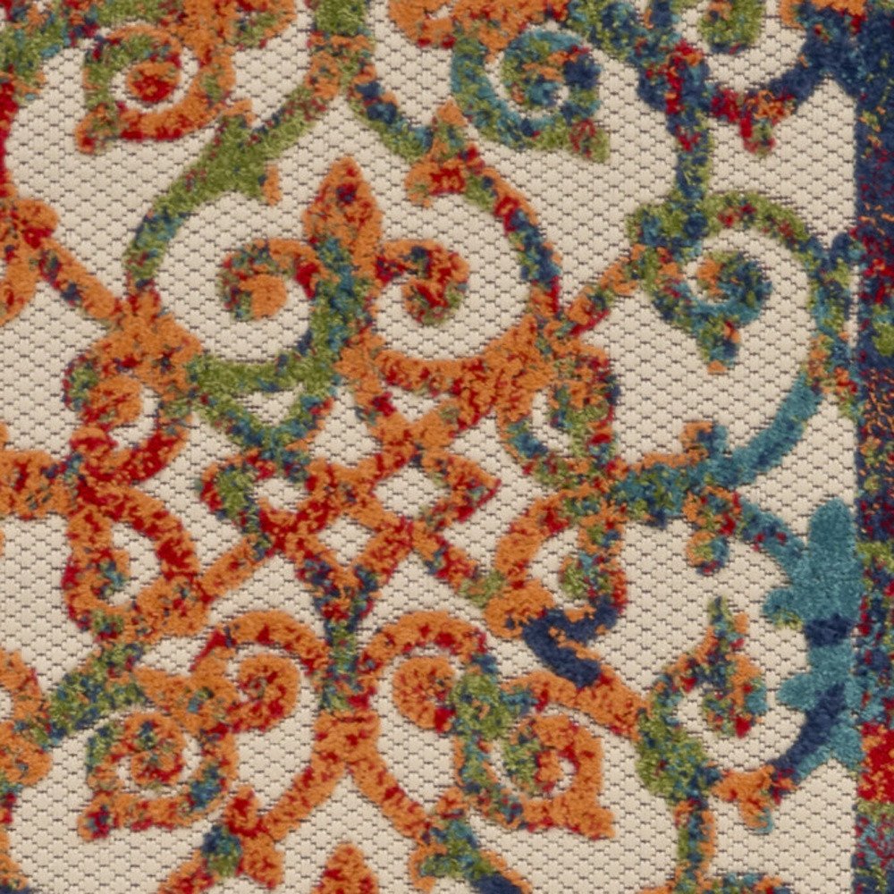 10' Ivory Blue Orange And Green Trellis Indoor Outdoor Runner Rug — view 1