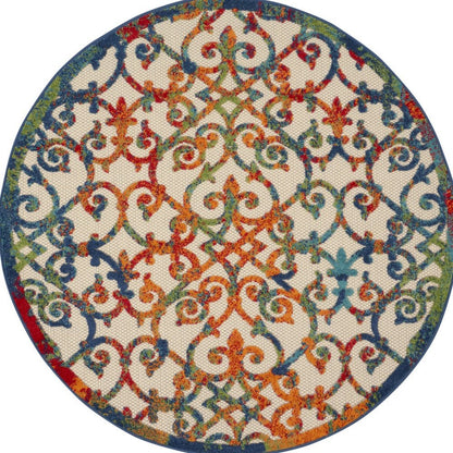 4' Ivory Blue Orange And Green Round Trellis Indoor Outdoor Area Rug HomeRoots